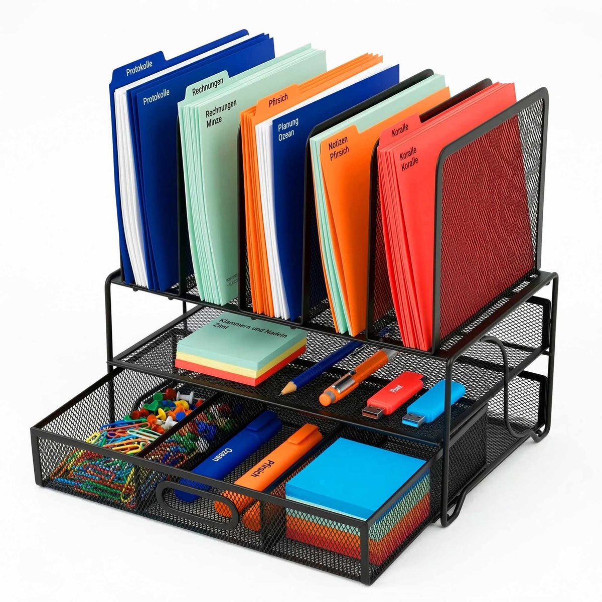 Desk Organizer With 6 Compartments, Drawer, Steel Mesh