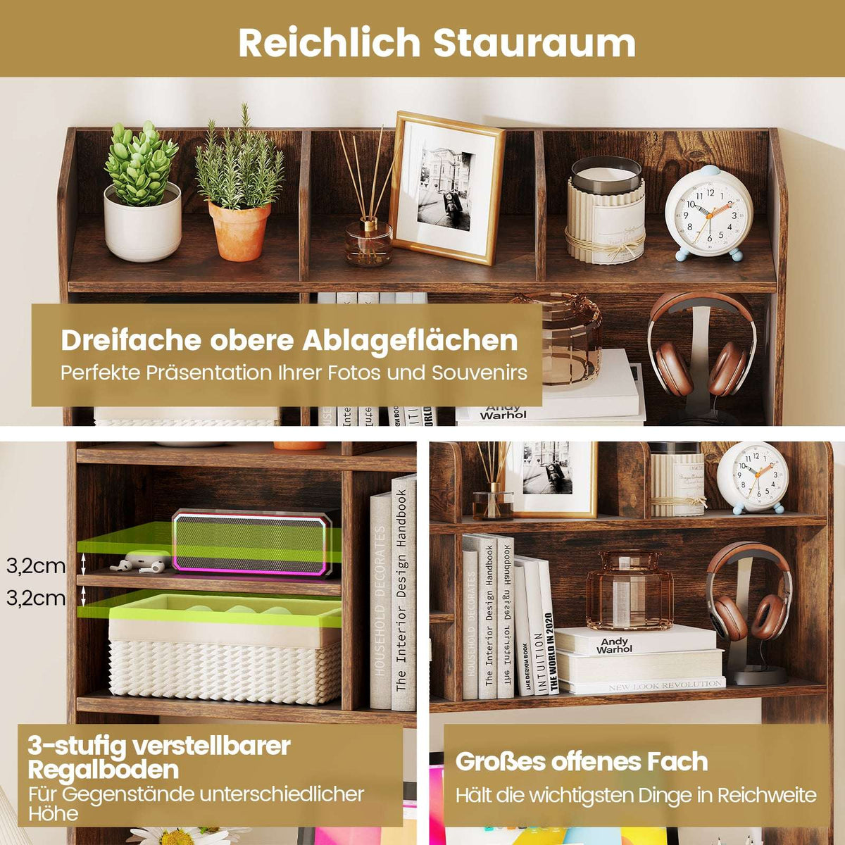 Desk Shelf Organizer with 6 Shelves, Rustic Brown