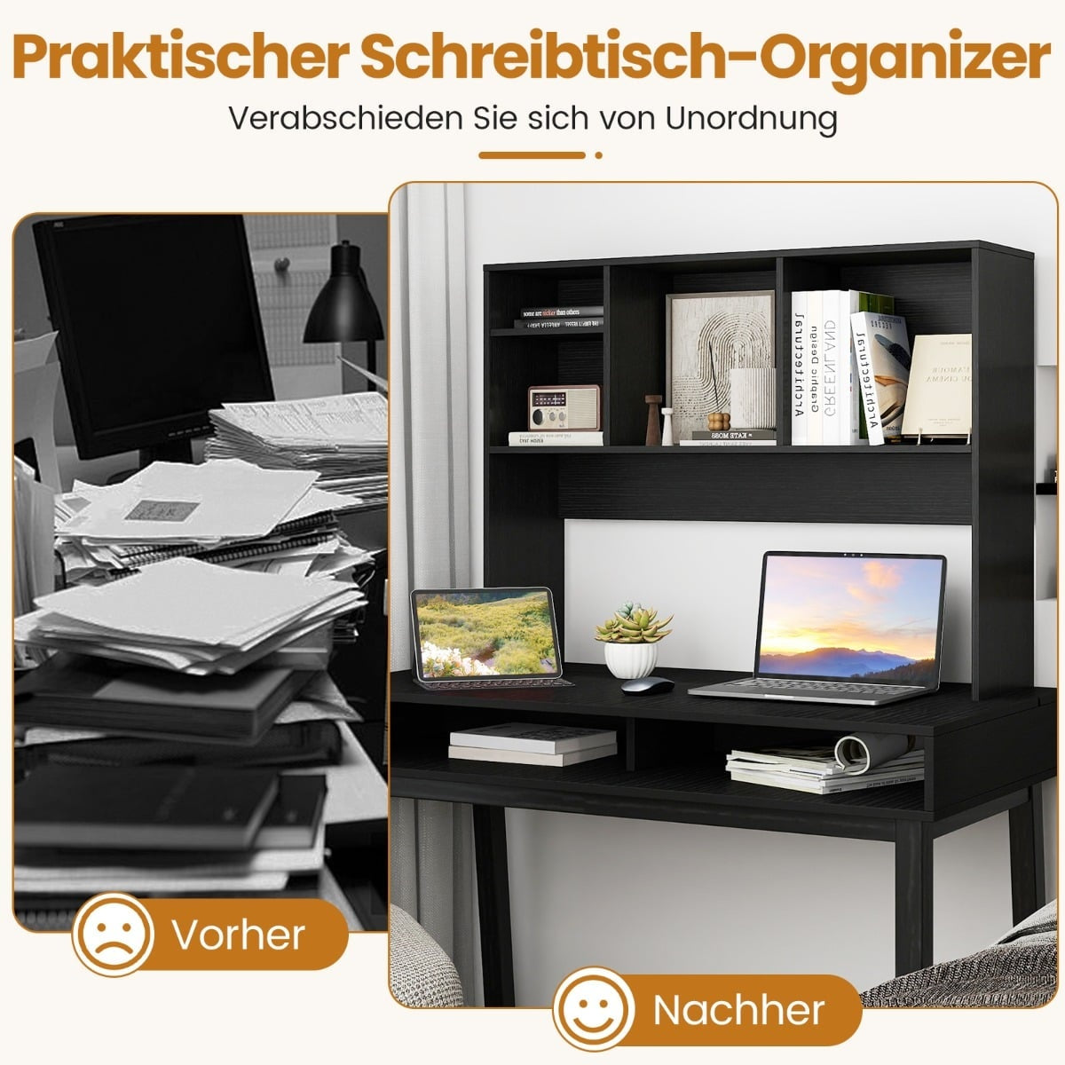 Desk Shelf with 4 Compartments, Black, 94x25x73 cm