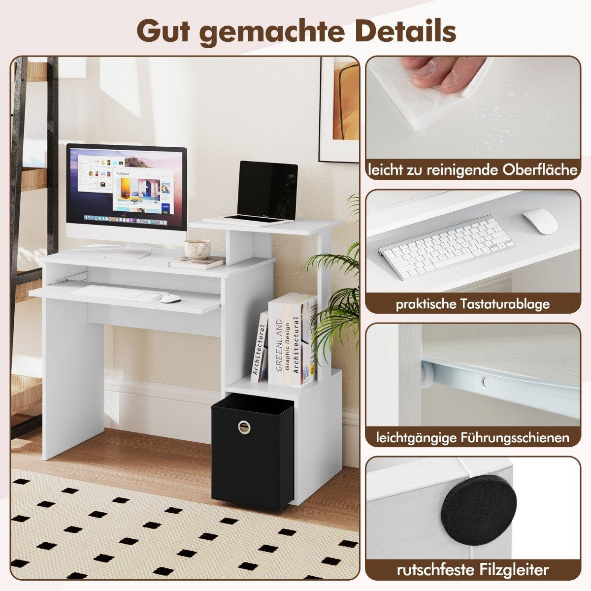 Desk Small Computer Desk with Printer Tray Office Table for Home Office 100 x 40 x 87 cm White