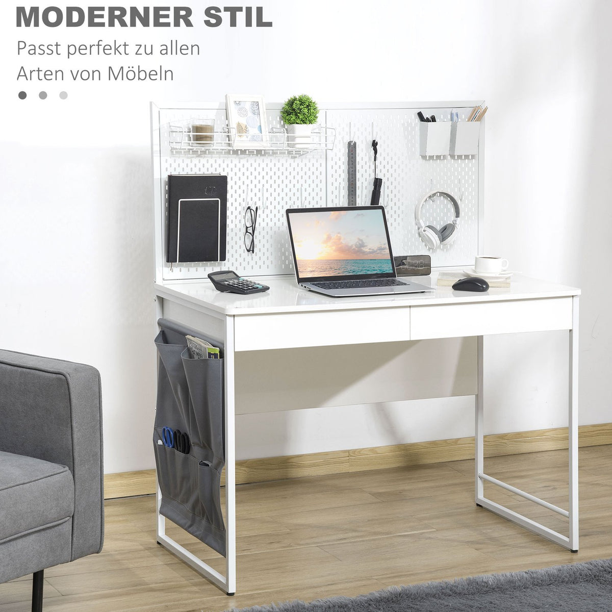 Desk With Fabric Bag Computer Table, 2 Drawers, Note Grid, Grid Wall Hooks, Steel Chipboard, White + Gray, 110X58.5X127 Cm