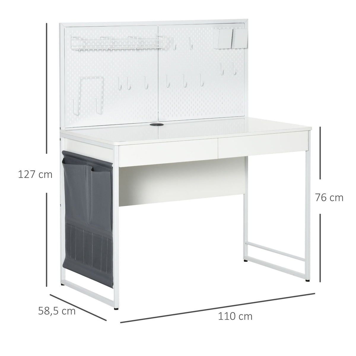 Desk With Fabric Bag Computer Table, 2 Drawers, Note Grid, Grid Wall Hooks, Steel Chipboard, White + Gray, 110X58.5X127 Cm