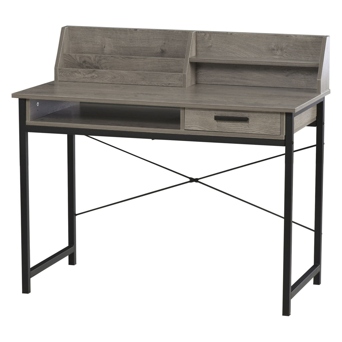 Desk With Shelf And Drawer, Computer Desk, Office Table, Industrial Style, Mdf, Metal, Grey+Black, 106X53X95Cm