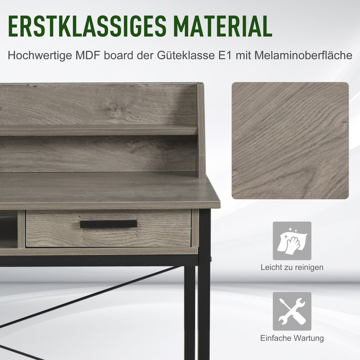 Desk With Shelf And Drawer, Computer Desk, Office Table, Industrial Style, Mdf, Metal, Grey+Black, 106X53X95Cm