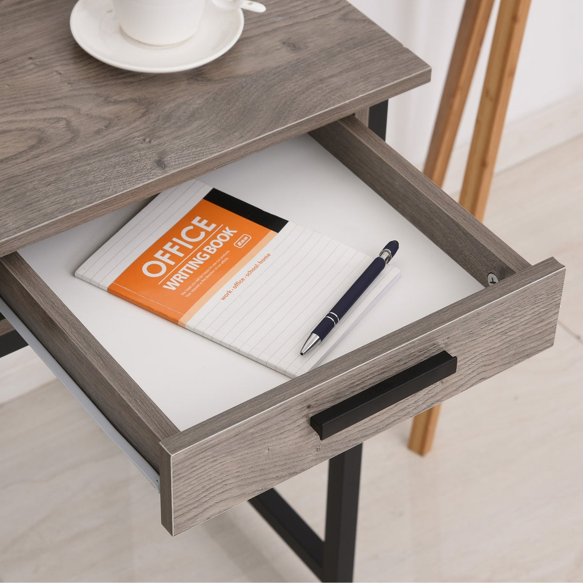 Desk With Shelf And Drawer, Computer Desk, Office Table, Industrial Style, Mdf, Metal, Grey+Black, 106X53X95Cm