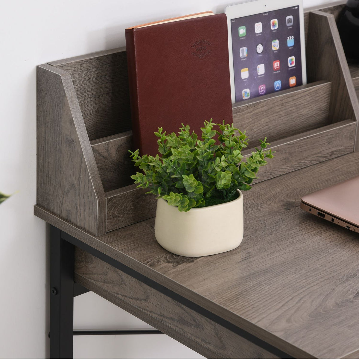 Desk With Shelf And Drawer, Computer Desk, Office Table, Industrial Style, Mdf, Metal, Grey+Black, 106X53X95Cm