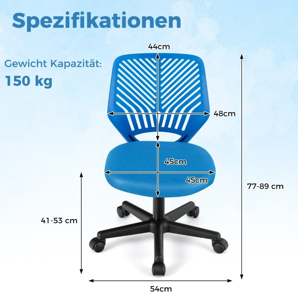 Desk chair for children armless children's desk chair 54 x 54 x 77-89 cm blue