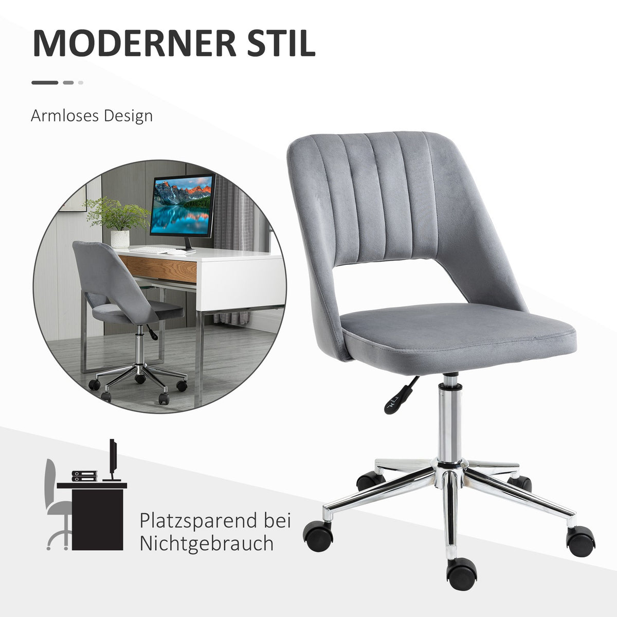 Desk chair, height-adjustable home office chair without armrests, rotating office chair with velvet look, ergonomic make-up chair for bedroom, study, dark gray