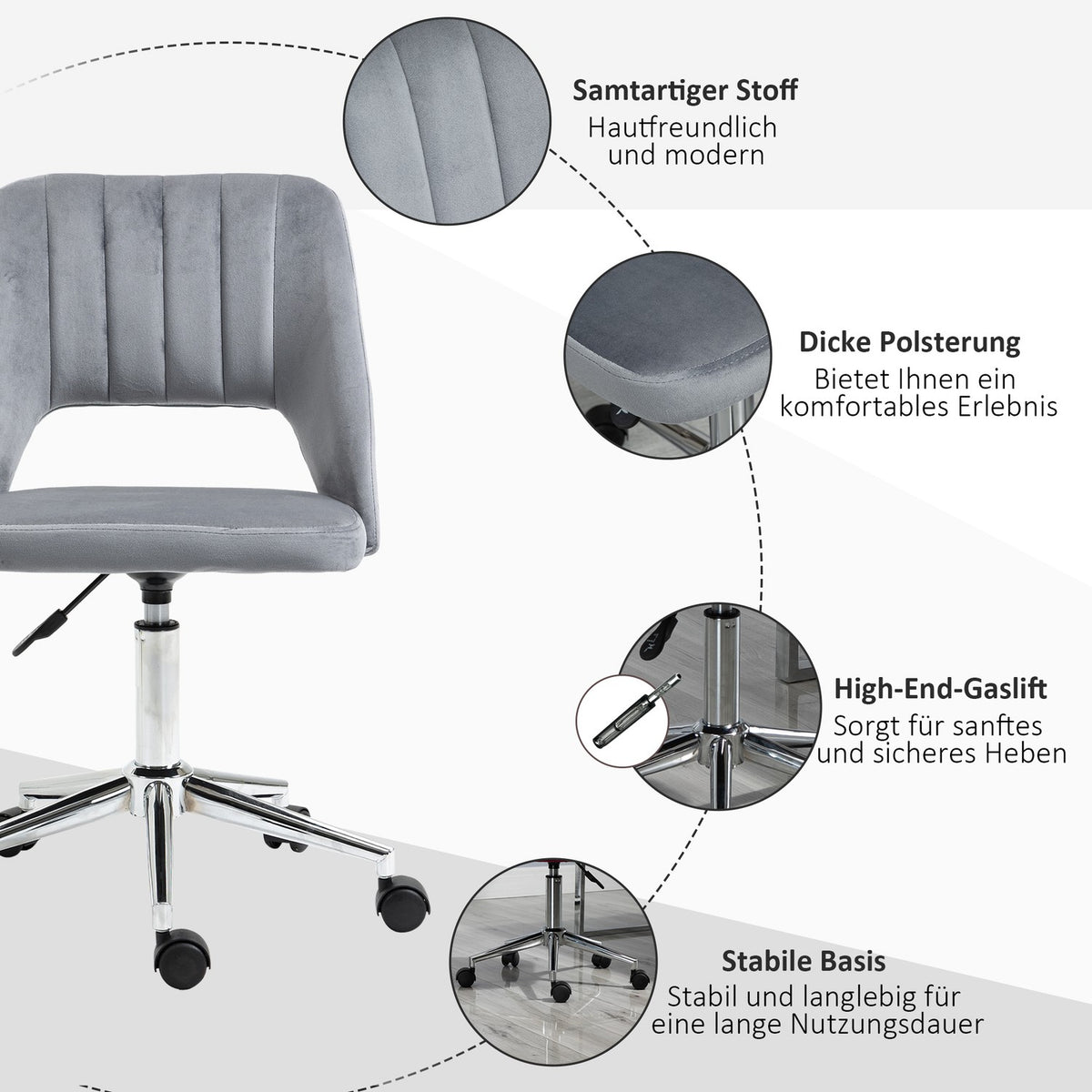 Desk chair, height-adjustable home office chair without armrests, rotating office chair with velvet look, ergonomic make-up chair for bedroom, study, dark gray