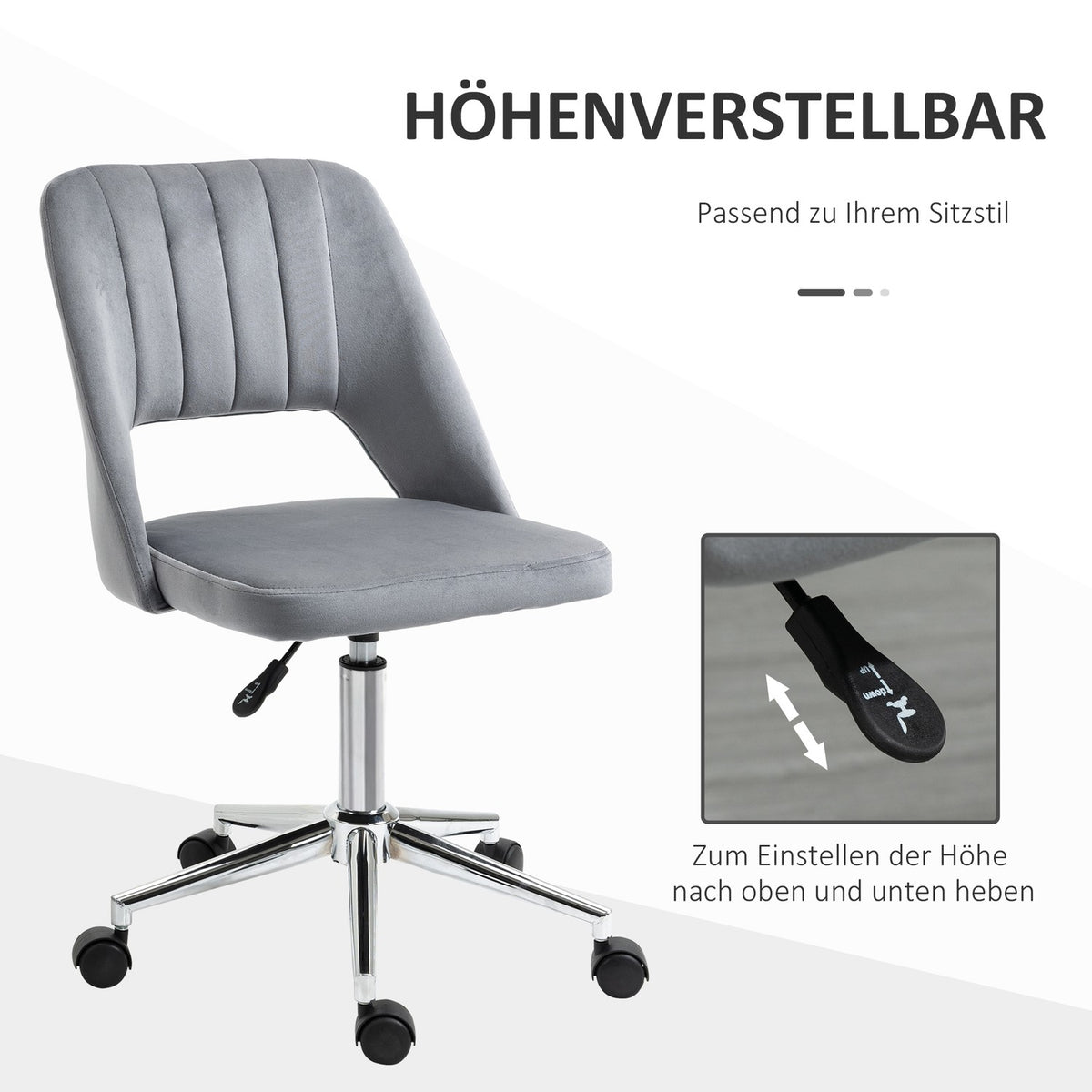 Desk chair, height-adjustable home office chair without armrests, rotating office chair with velvet look, ergonomic make-up chair for bedroom, study, dark gray
