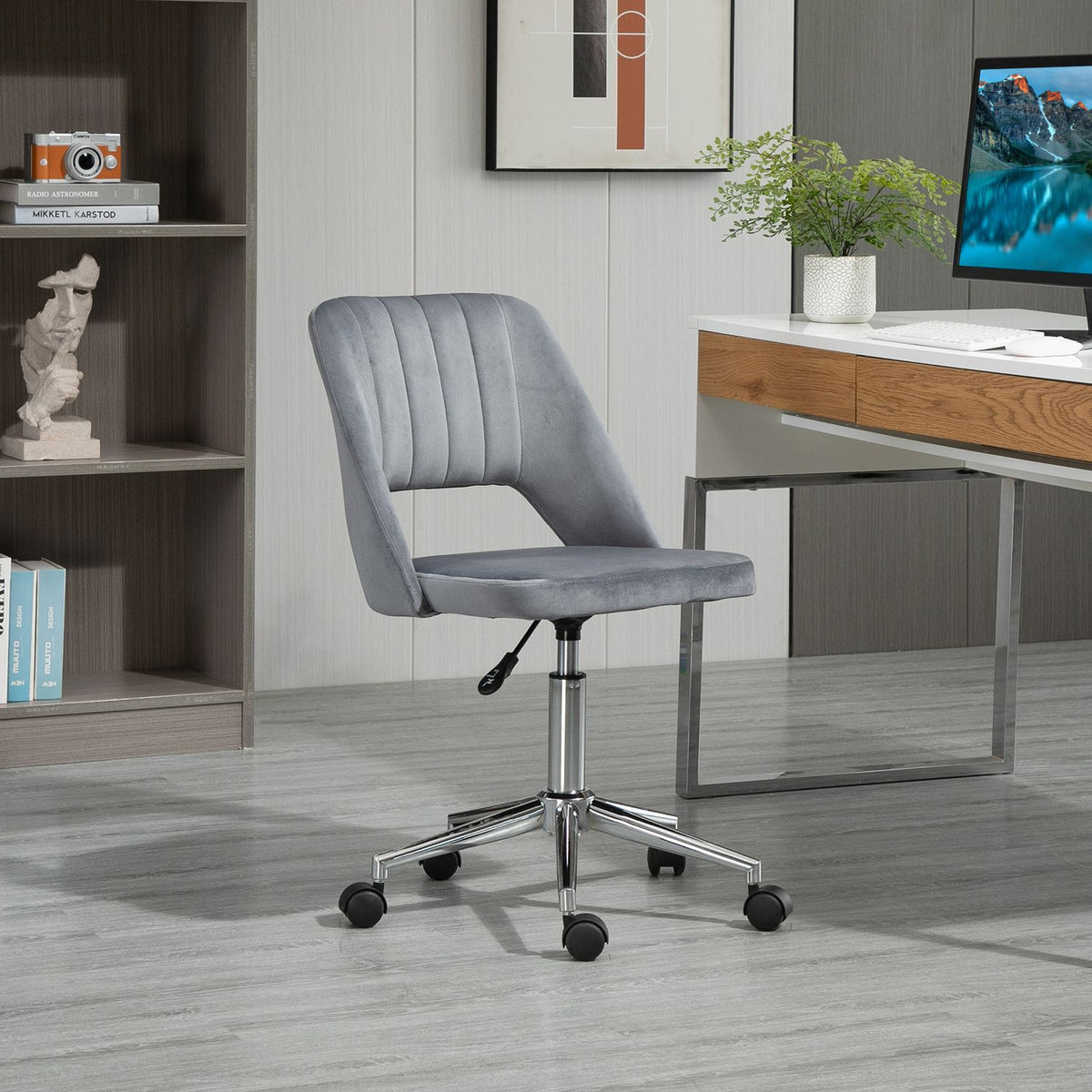 Desk chair, height-adjustable home office chair without armrests, rotating office chair with velvet look, ergonomic make-up chair for bedroom, study, dark gray