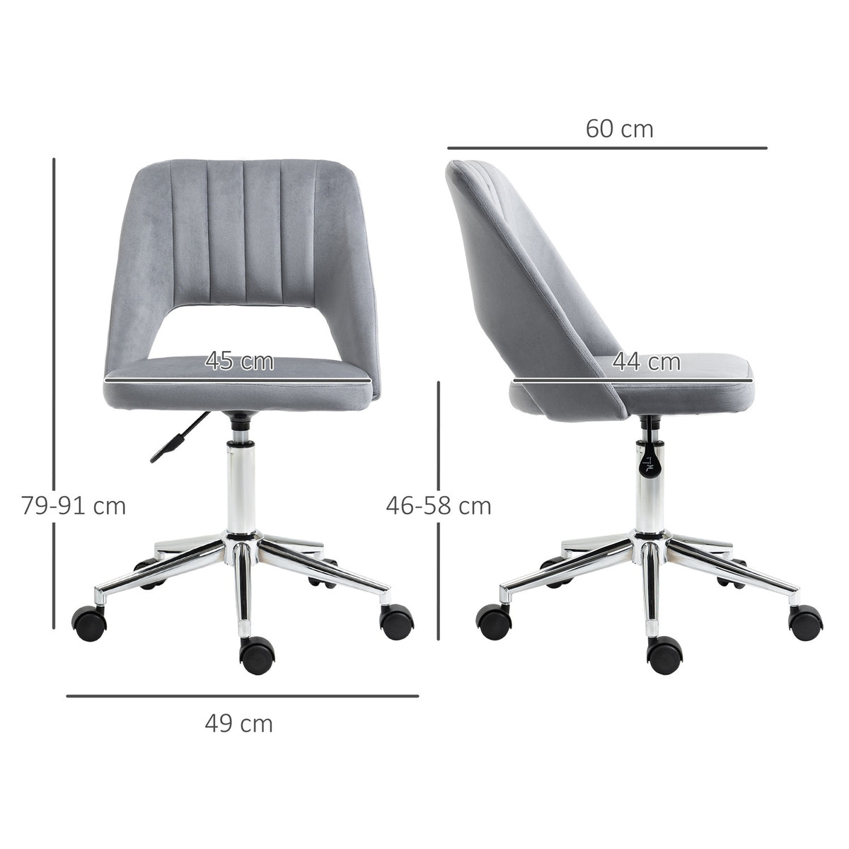 Desk chair, height-adjustable home office chair without armrests, rotating office chair with velvet look, ergonomic make-up chair for bedroom, study, dark gray