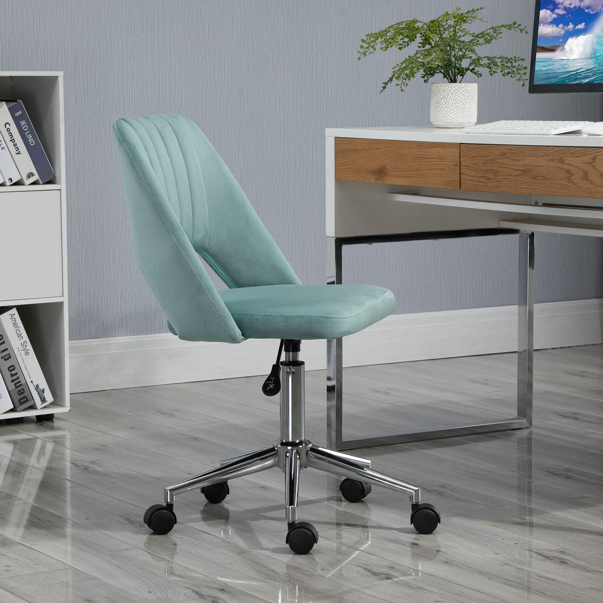 Desk chair, height-adjustable home office chair without armrests, rotating office chair with velvet look, ergonomic make-up chair for bedroom, study, green