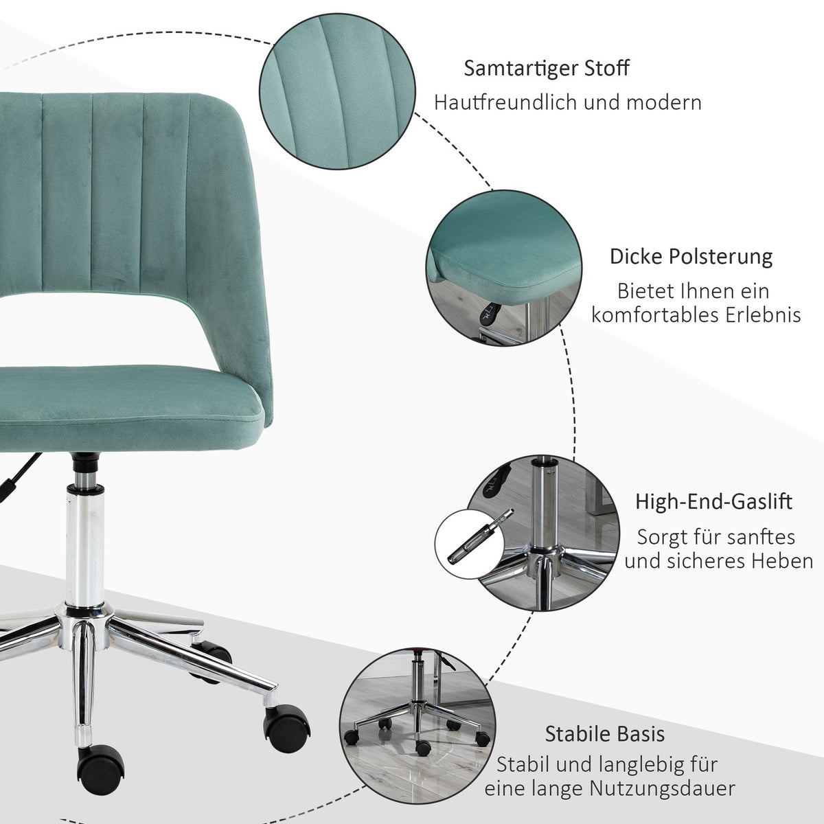 Desk chair, height-adjustable home office chair without armrests, rotating office chair with velvet look, ergonomic make-up chair for bedroom, study, green