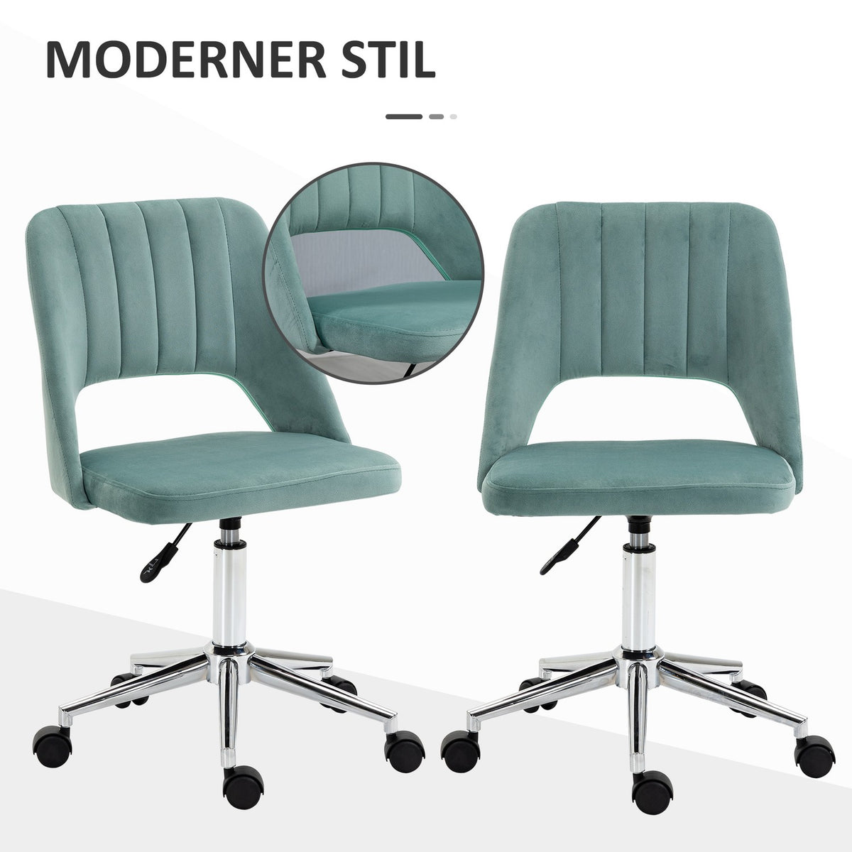 Desk chair, height-adjustable home office chair without armrests, rotating office chair with velvet look, ergonomic make-up chair for bedroom, study, green