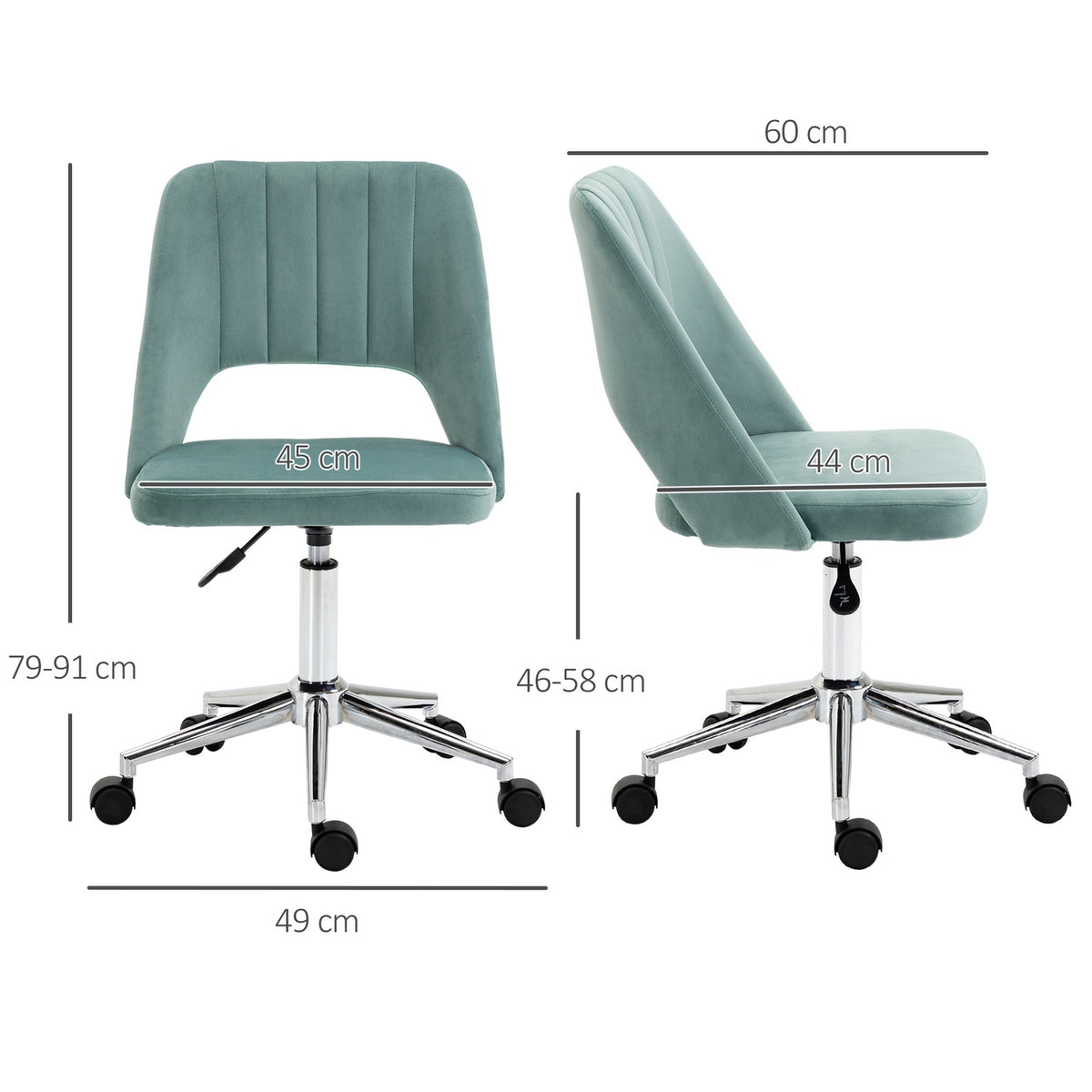 Desk chair, height-adjustable home office chair without armrests, rotating office chair with velvet look, ergonomic make-up chair for bedroom, study, green