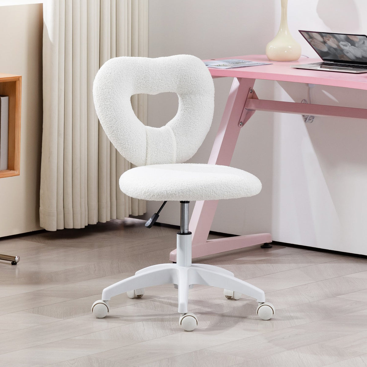 Desk chair, office chair, swivel home office chair with heart-shaped backrest, without armrest, height-adjustable teddy fleece dressing table chair for study, white