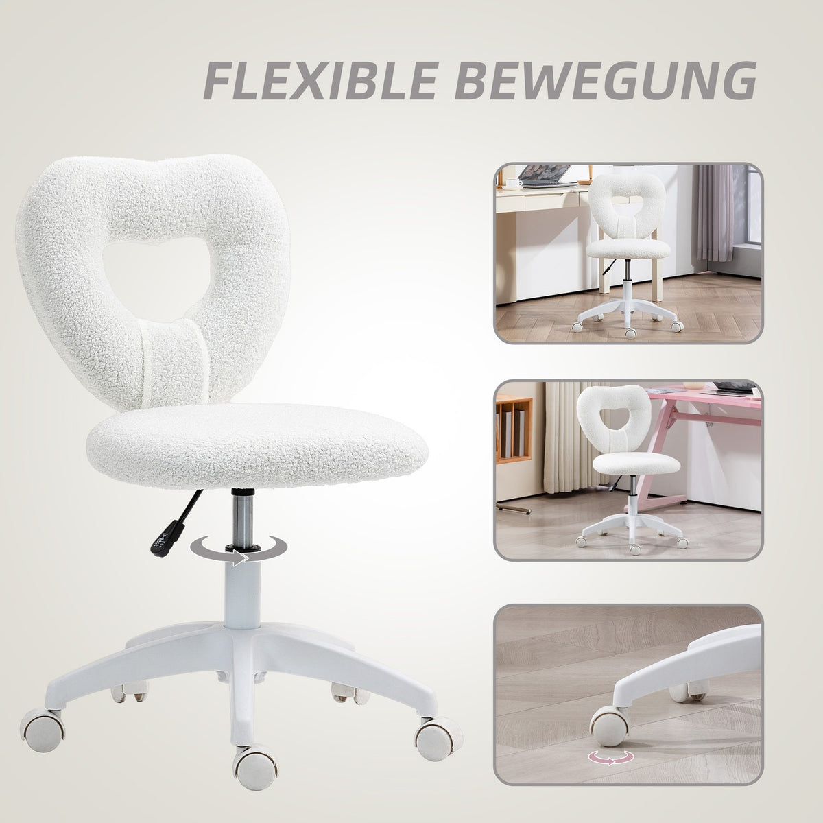 Desk chair, office chair, swivel home office chair with heart-shaped backrest, without armrest, height-adjustable teddy fleece dressing table chair for study, white