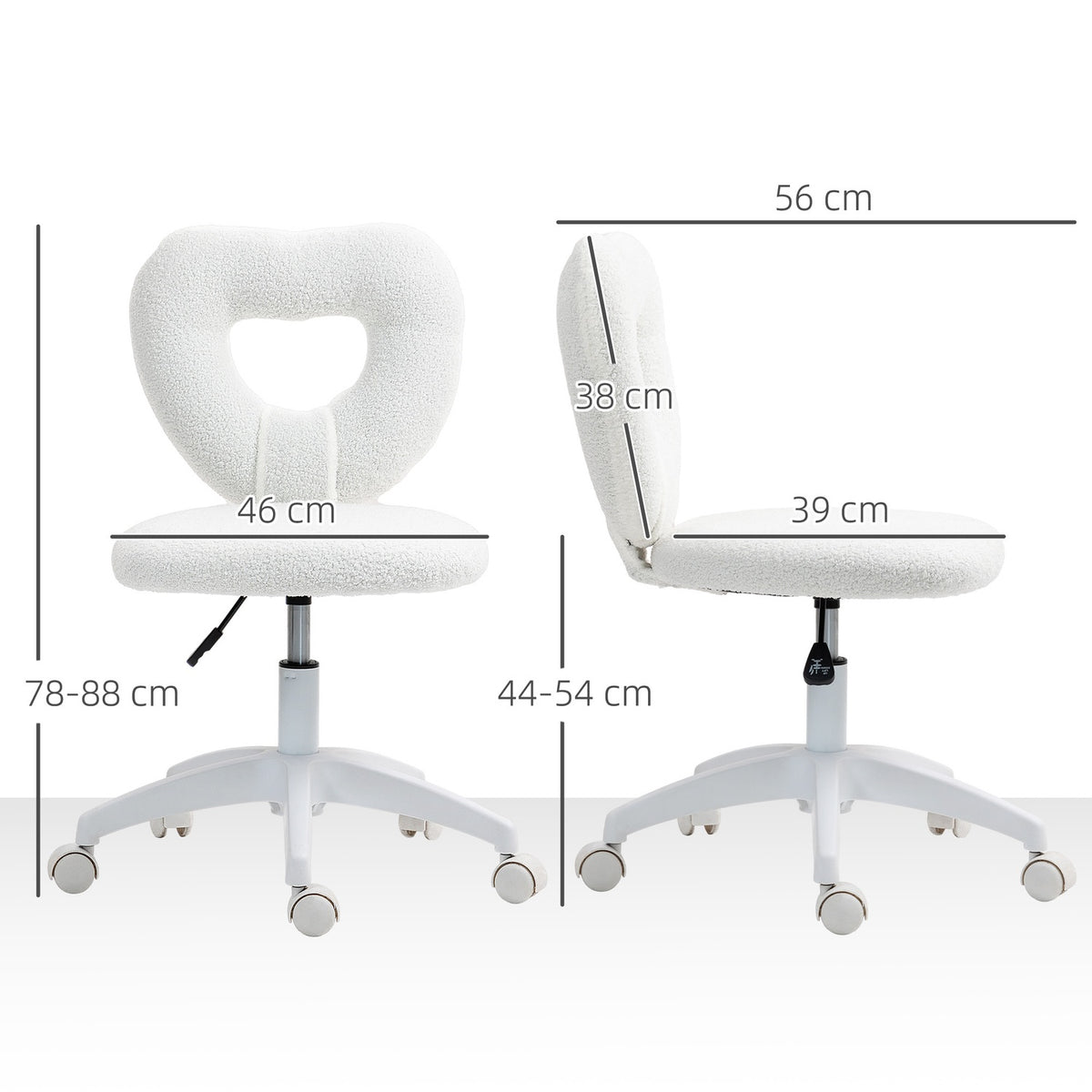 Desk chair, office chair, swivel home office chair with heart-shaped backrest, without armrest, height-adjustable teddy fleece dressing table chair for study, white