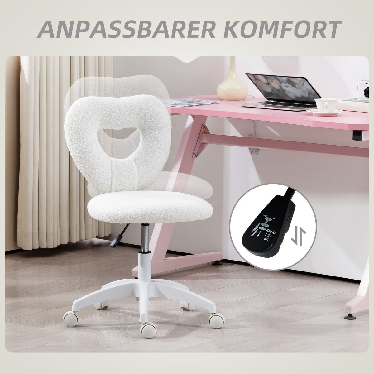 Desk chair, office chair, swivel home office chair with heart-shaped backrest, without armrest, height-adjustable teddy fleece dressing table chair for study, white