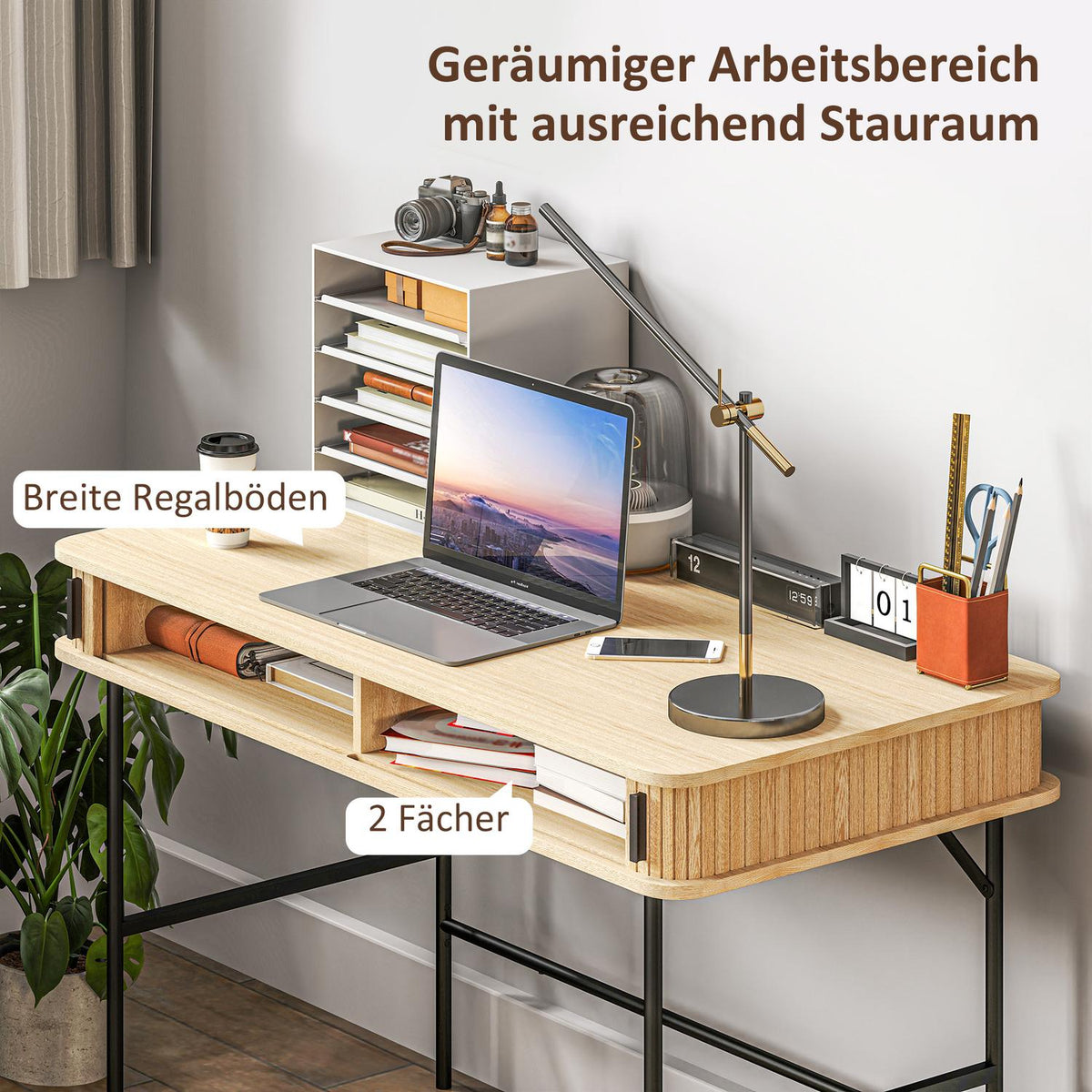 Desk computer desk with storage space, office table with shelf, work table with steel frame, for study office, 120 x 60 x 76.5 cm, oak
