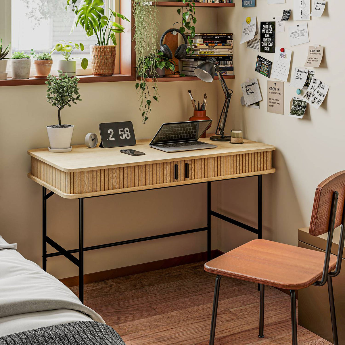 Desk computer desk with storage space, office table with shelf, work table with steel frame, for study office, 120 x 60 x 76.5 cm, oak