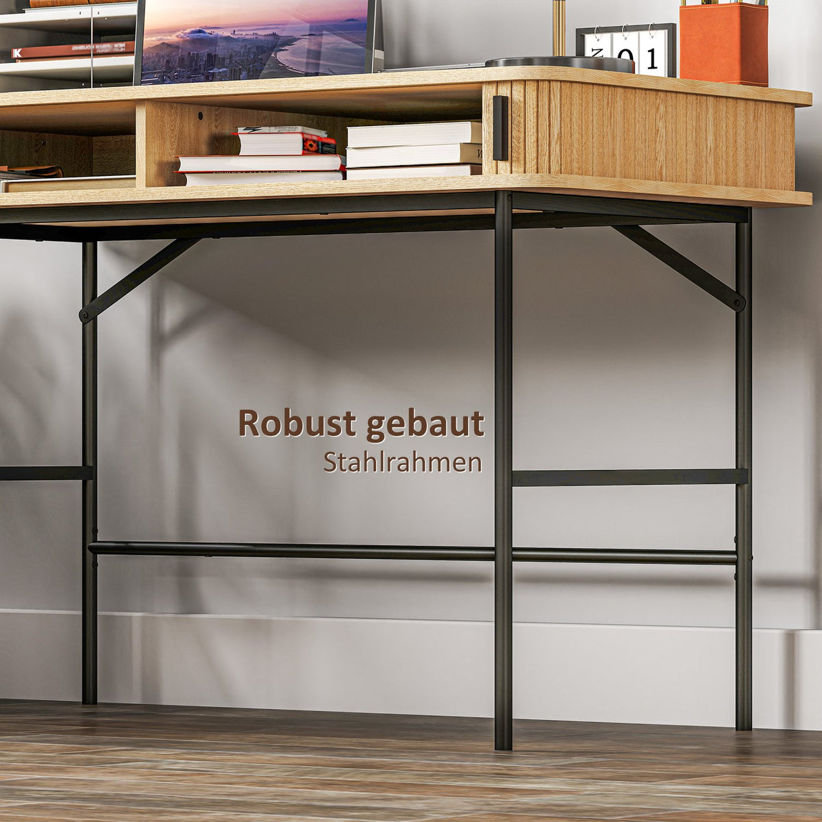 Desk computer desk with storage space, office table with shelf, work table with steel frame, for study office, 120 x 60 x 76.5 cm, oak