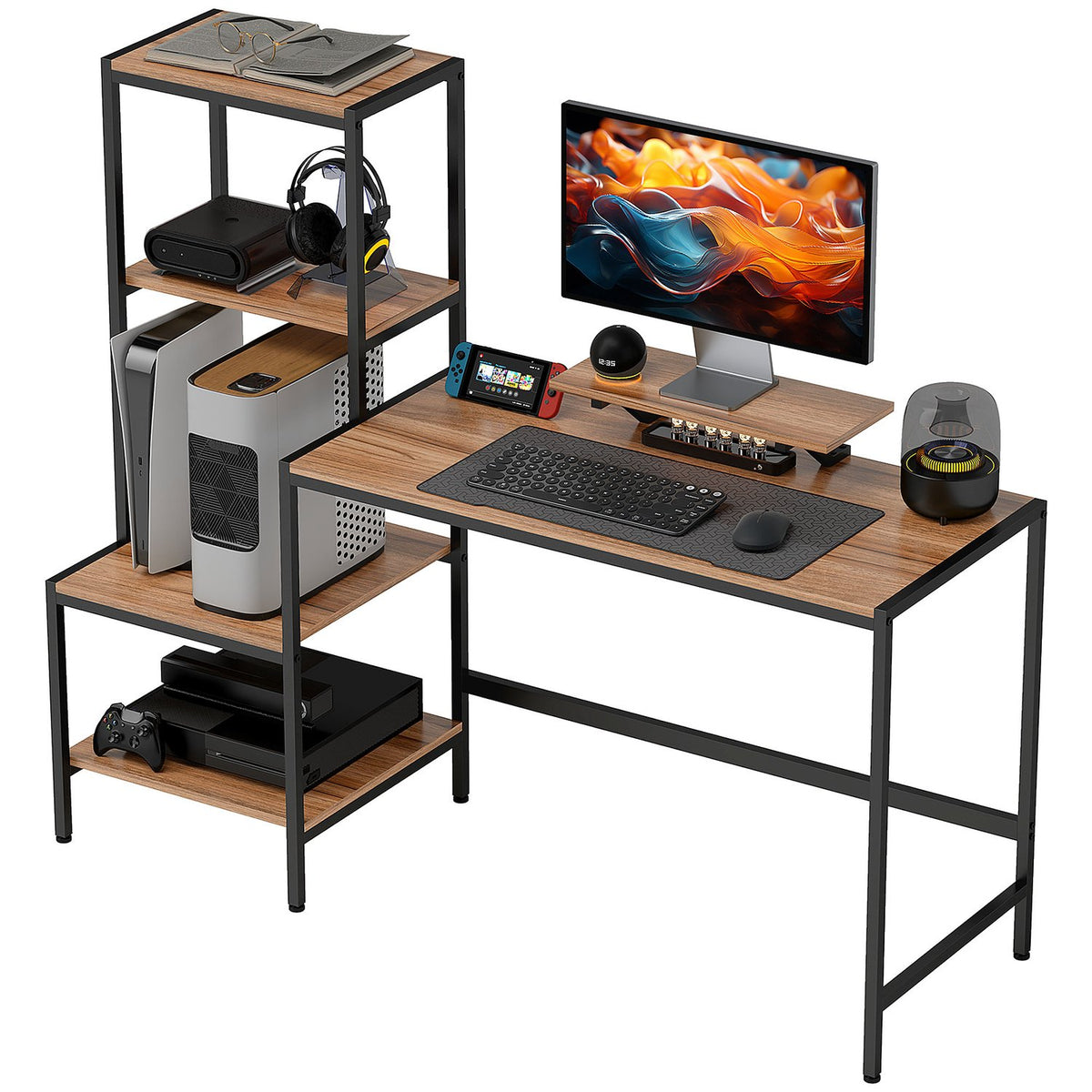 Desk computer table with monitor stand, CPU stand, office table with printer shelf, PC table with 4 shelves, modern design for home office, 150 x 48 x 125 cm, brown