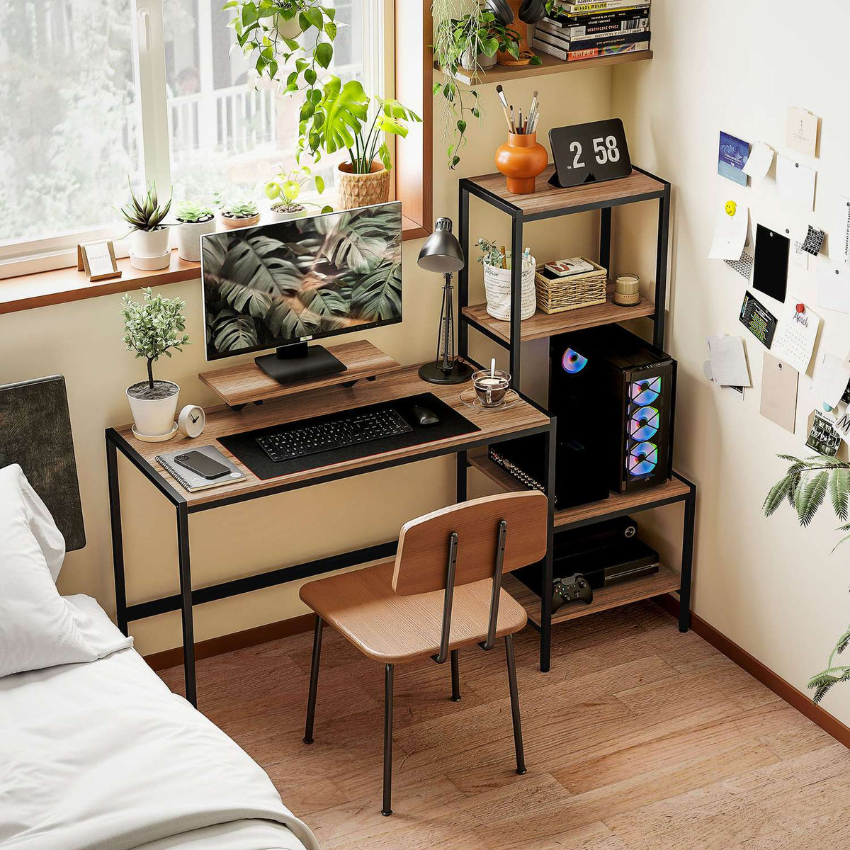 Desk computer table with monitor stand, CPU stand, office table with printer shelf, PC table with 4 shelves, modern design for home office, 150 x 48 x 125 cm, brown