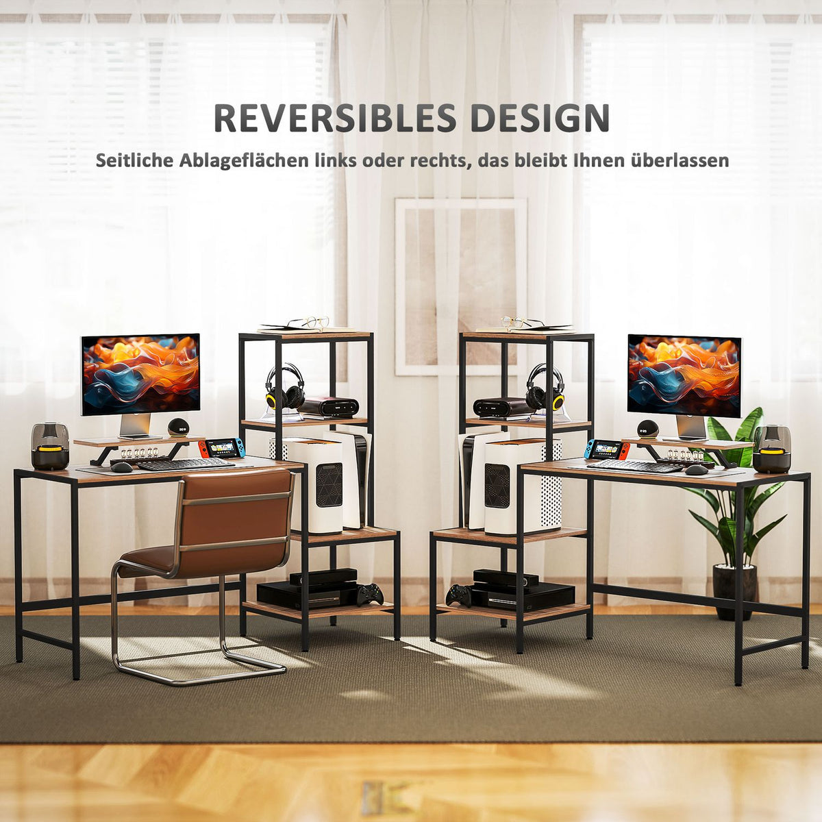 Desk computer table with monitor stand, CPU stand, office table with printer shelf, PC table with 4 shelves, modern design for home office, 150 x 48 x 125 cm, brown