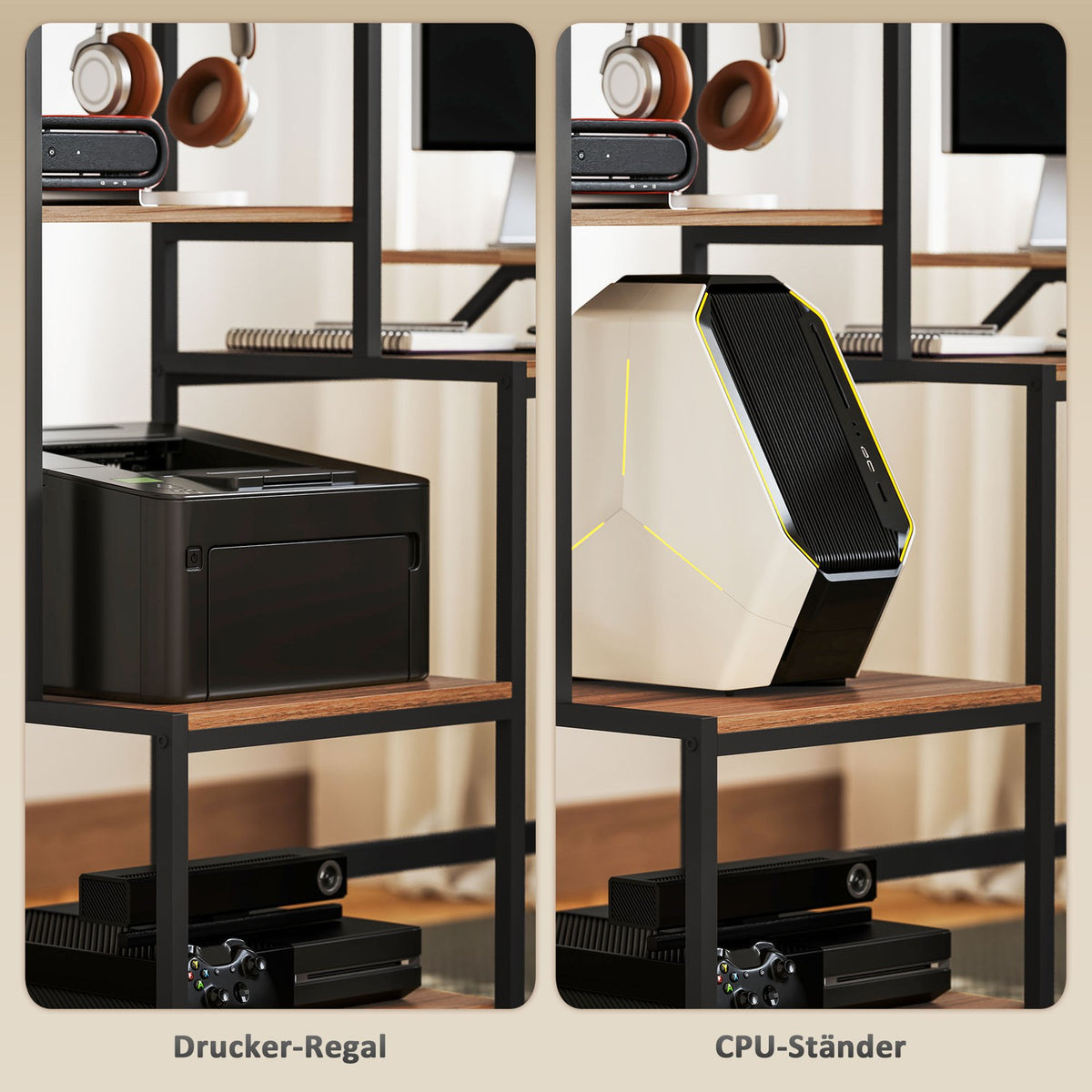 Desk computer table with monitor stand, CPU stand, office table with printer shelf, PC table with 4 shelves, modern design for home office, 150 x 48 x 125 cm, brown