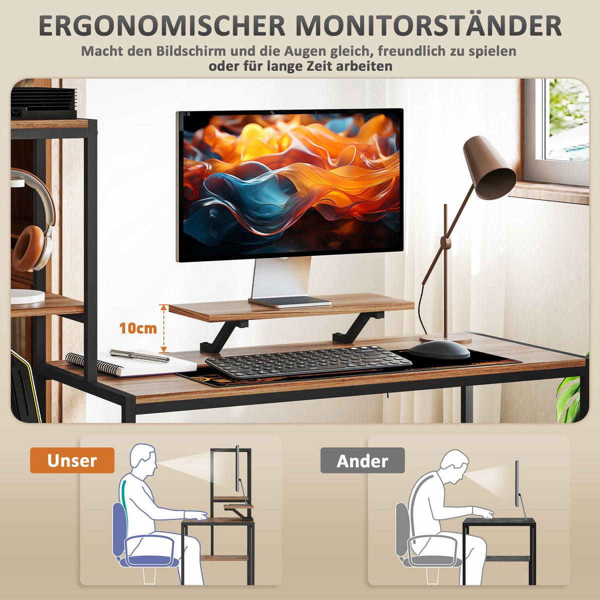Desk computer table with monitor stand, CPU stand, office table with printer shelf, PC table with 4 shelves, modern design for home office, 150 x 48 x 125 cm, brown