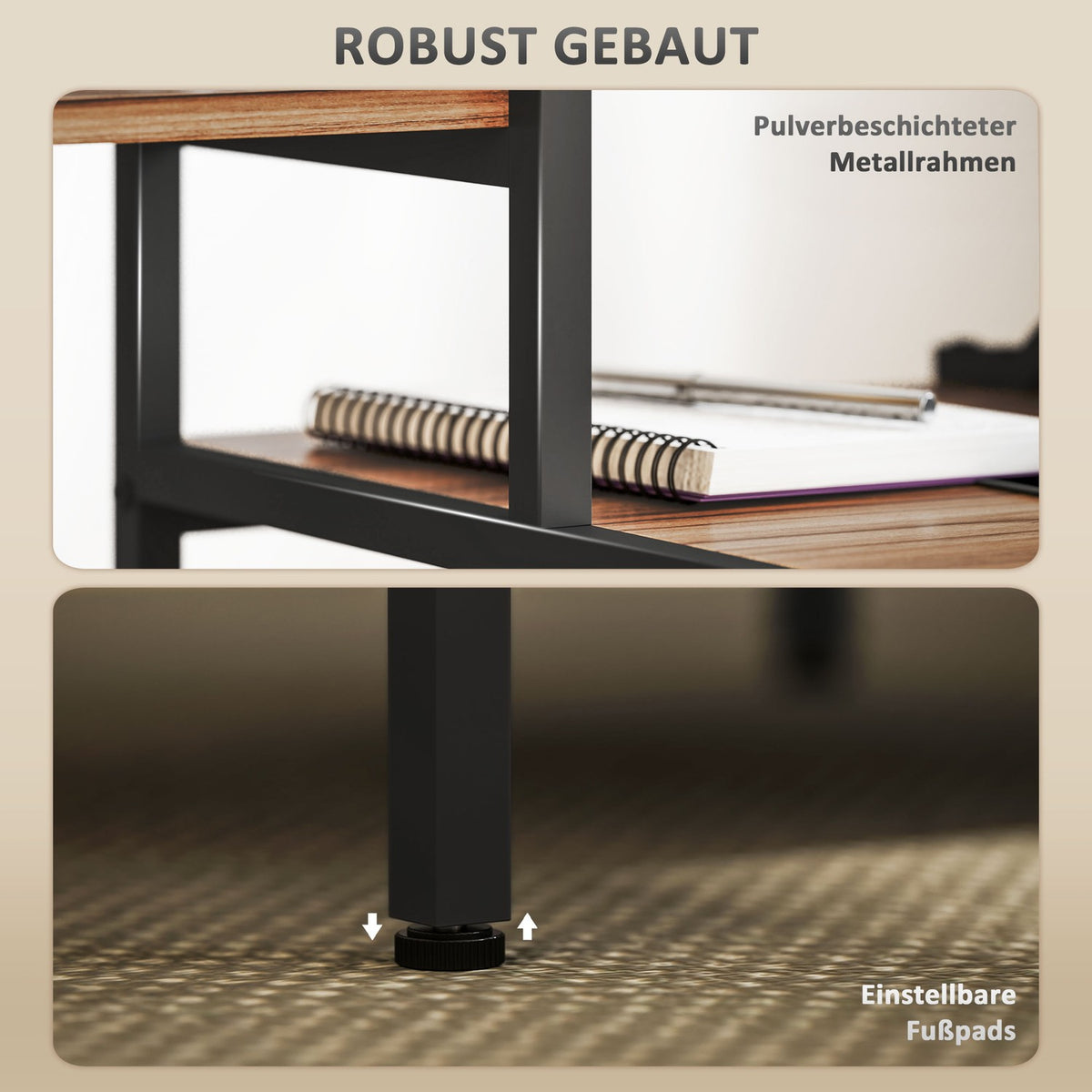 Desk computer table with monitor stand, CPU stand, office table with printer shelf, PC table with 4 shelves, modern design for home office, 150 x 48 x 125 cm, brown