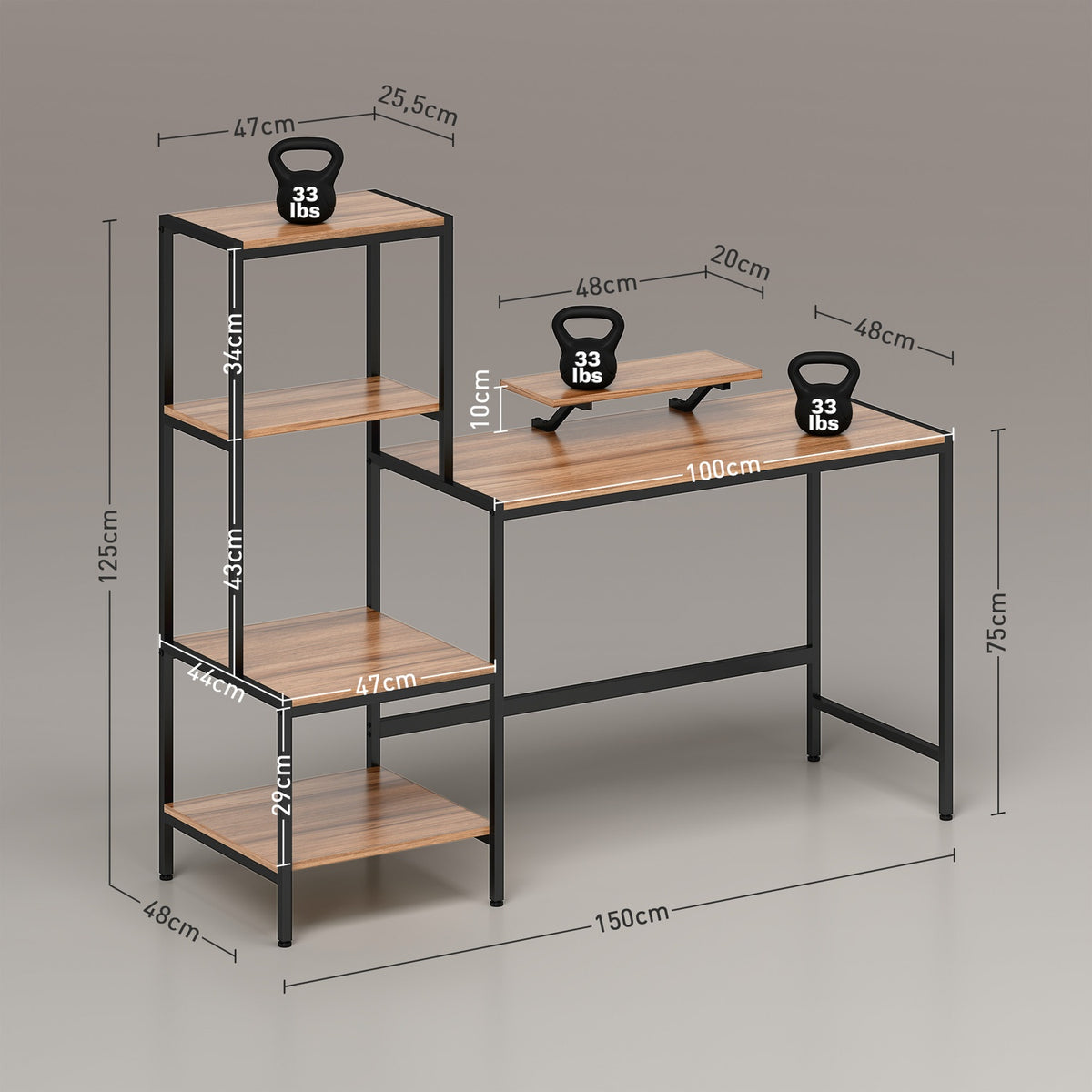 Desk computer table with monitor stand, CPU stand, office table with printer shelf, PC table with 4 shelves, modern design for home office, 150 x 48 x 125 cm, brown