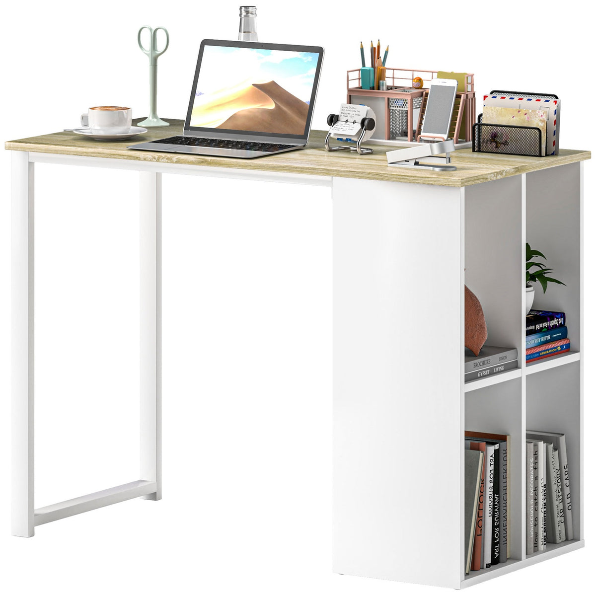 Desk computer table with storage compartments, modern office table with steel frame, PC table for home office, study, small room 100 x 54 x 75 cm, oak
