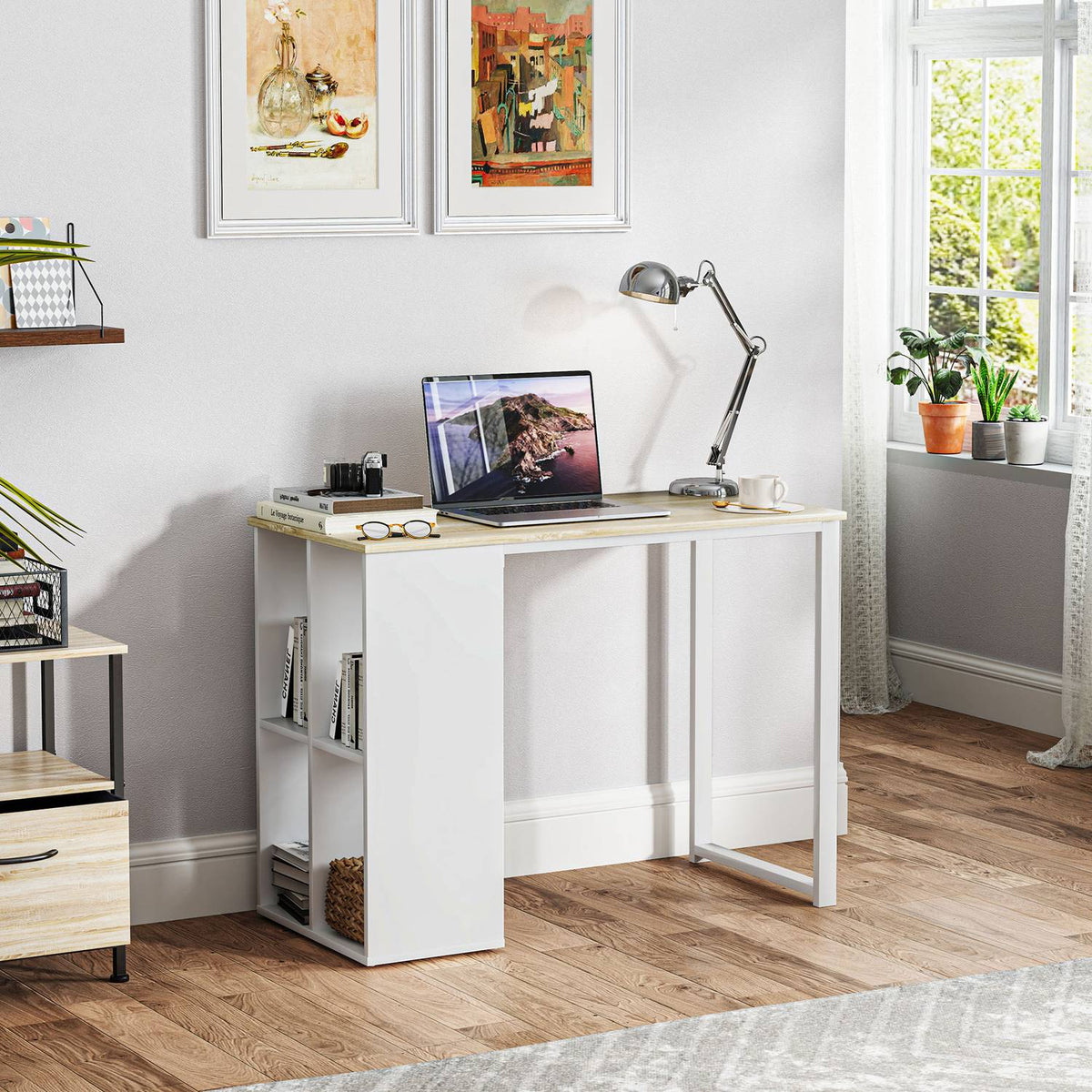 Desk computer table with storage compartments, modern office table with steel frame, PC table for home office, study, small room 100 x 54 x 75 cm, oak