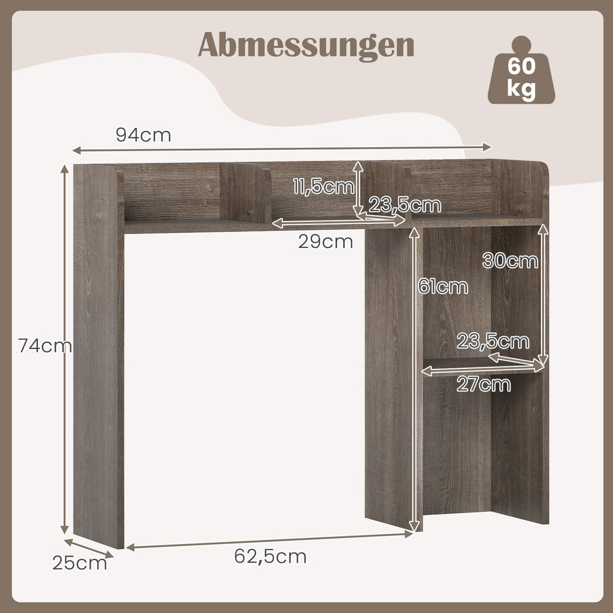 Desktop Bookshelf with 4 Shelves and Open Back, Wood, Gray