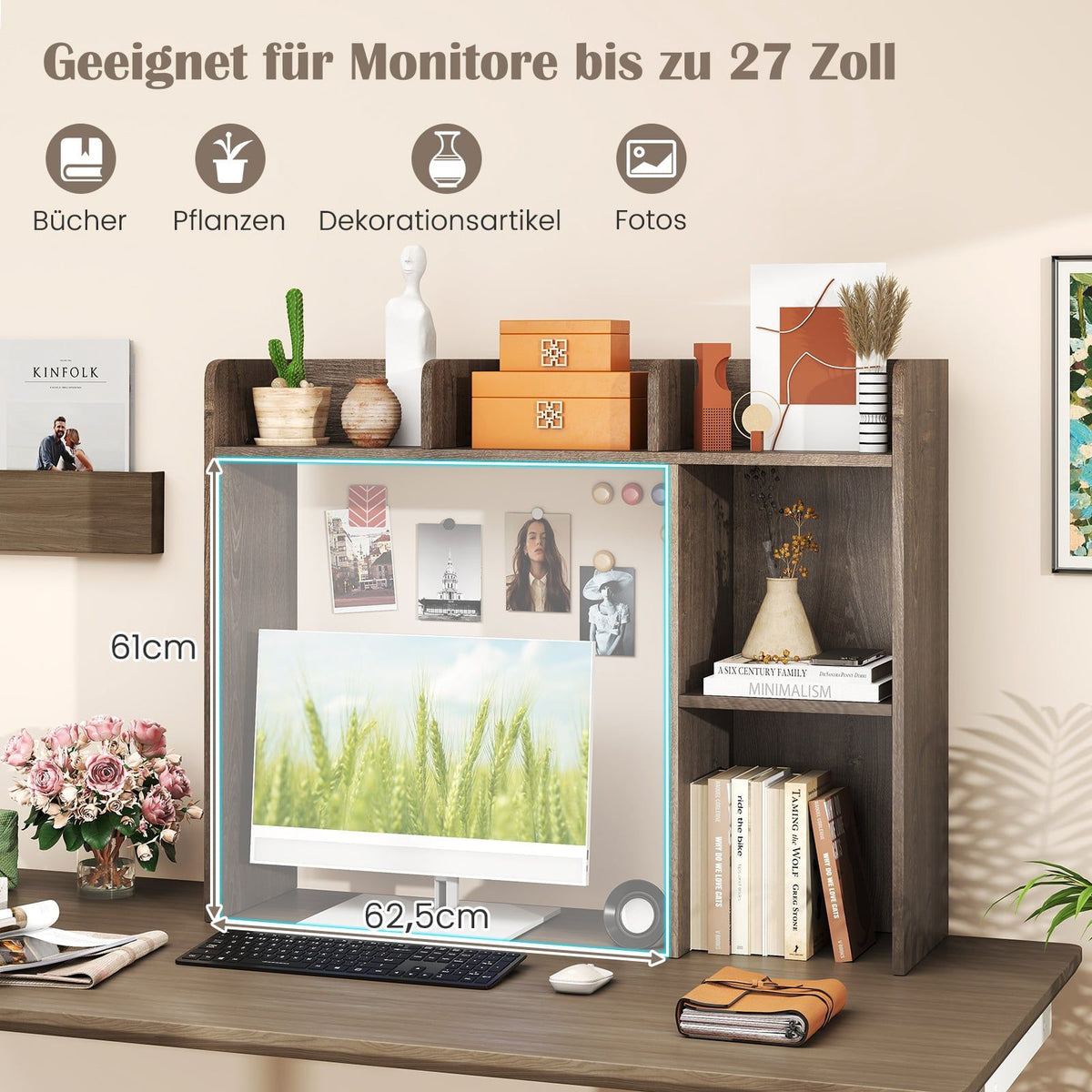 Desktop Bookshelf with 4 Shelves and Open Back, Wood, Gray