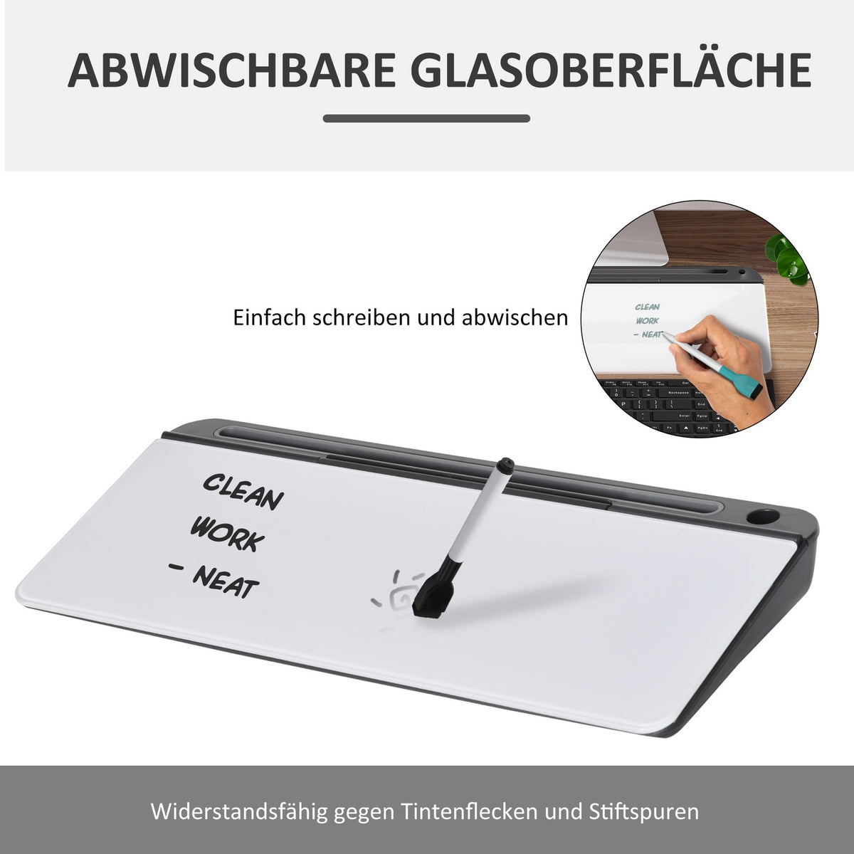 Desktop Memo Board Whiteboard With Tablet Stand, Glass Pp, White + Black, 45.3X20.5X5.3Cm