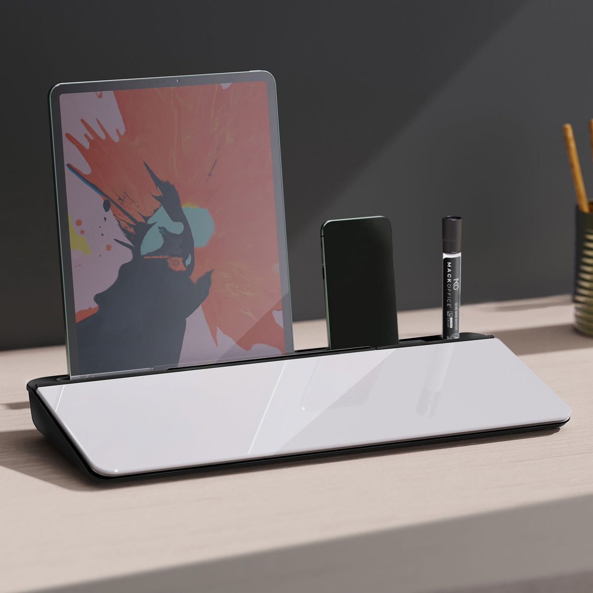Desktop Memo Board Whiteboard With Tablet Stand, Glass Pp, White + Black, 45.3X20.5X5.3Cm