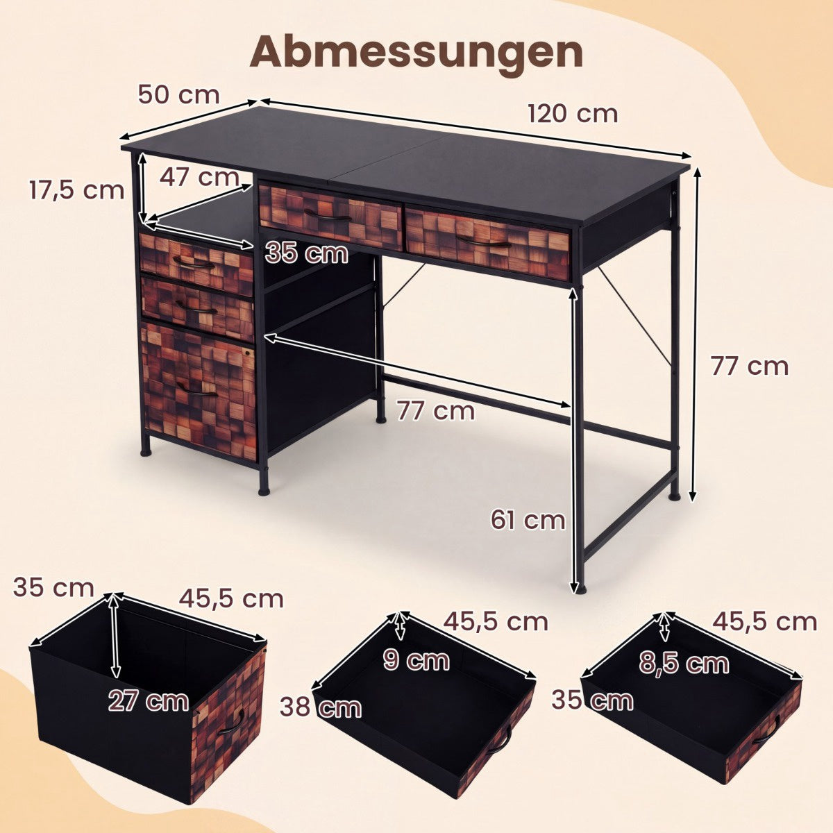 Desk with 5 Fabric Drawers and Shelf – Brown, 120x50 cm