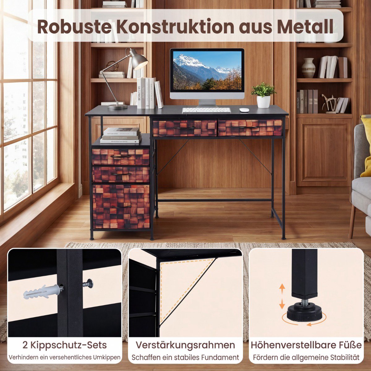 Desk with 5 Fabric Drawers and Shelf – Brown, 120x50 cm