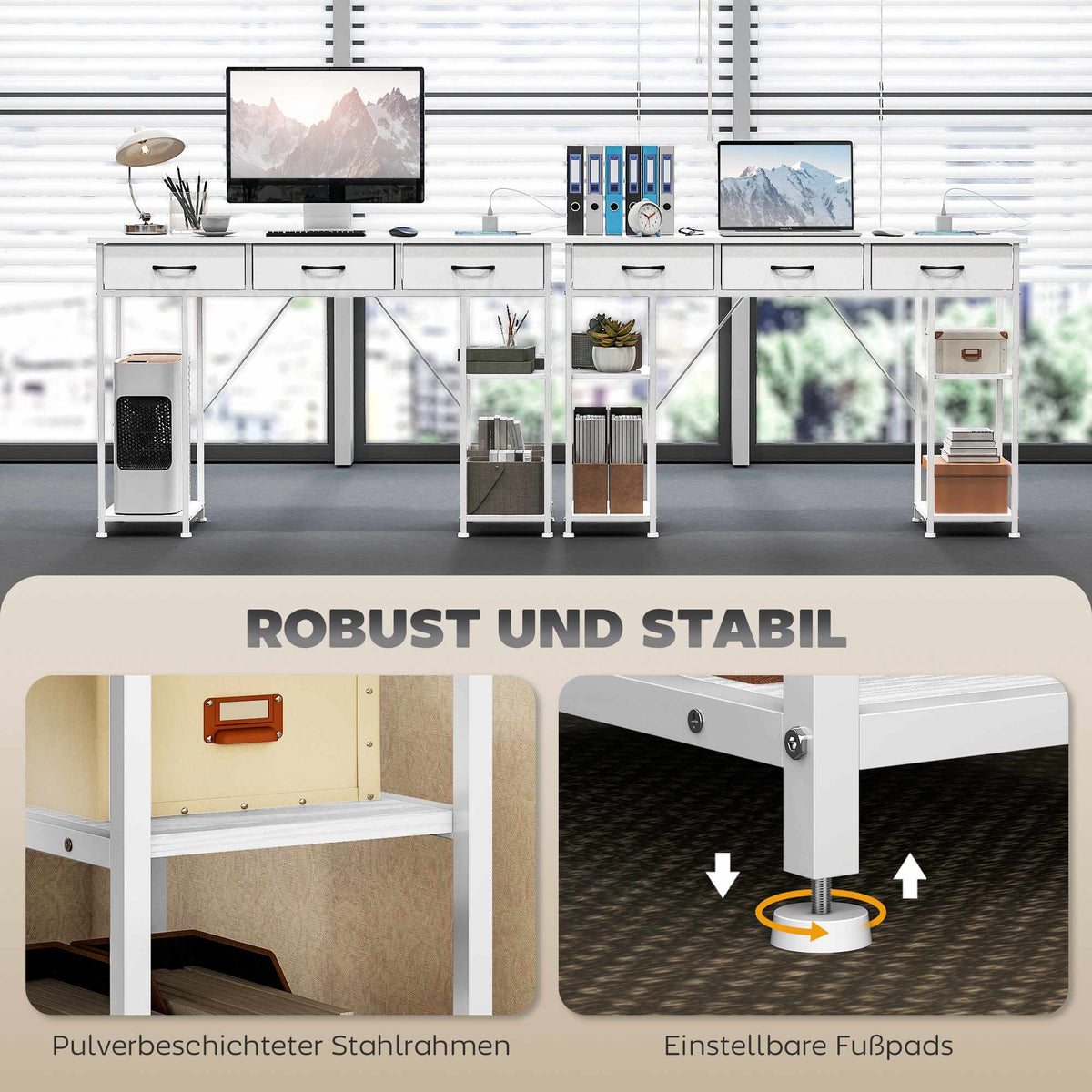 Desk with Charging Station, Storage Drawers, and Shelves