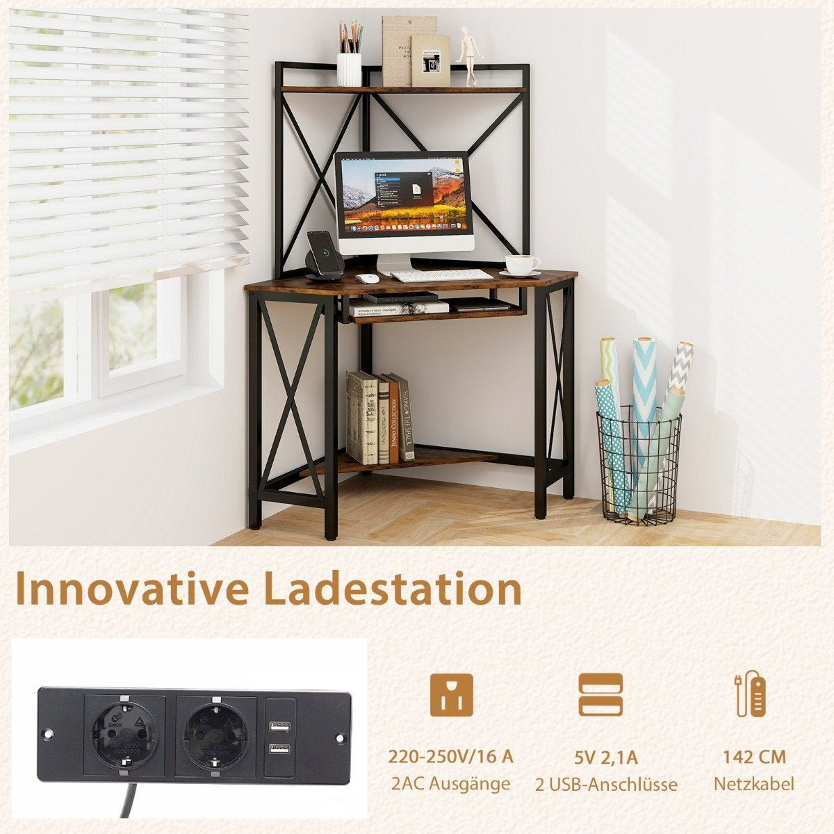 Desk with charging station corner computer table with keyboard shelf & 2 shelves 113 x 75 x 145 cm Rustic brown + black