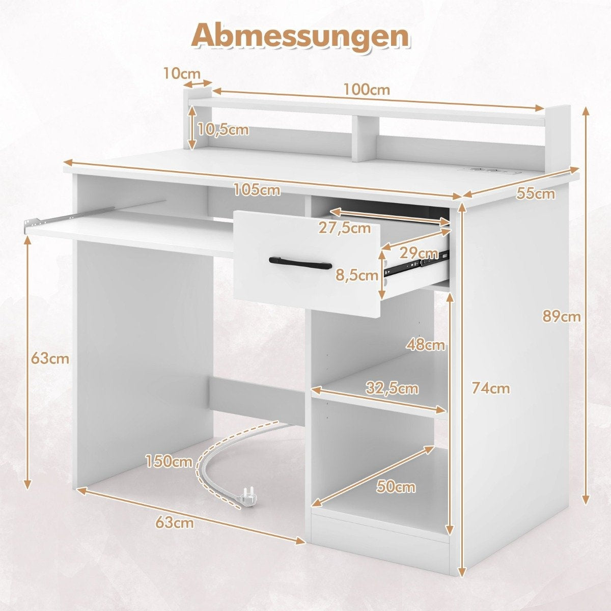 Desk with charging station, keyboard tray, drawer & adjustable shelf, white 105 x 55 x 89 cm
