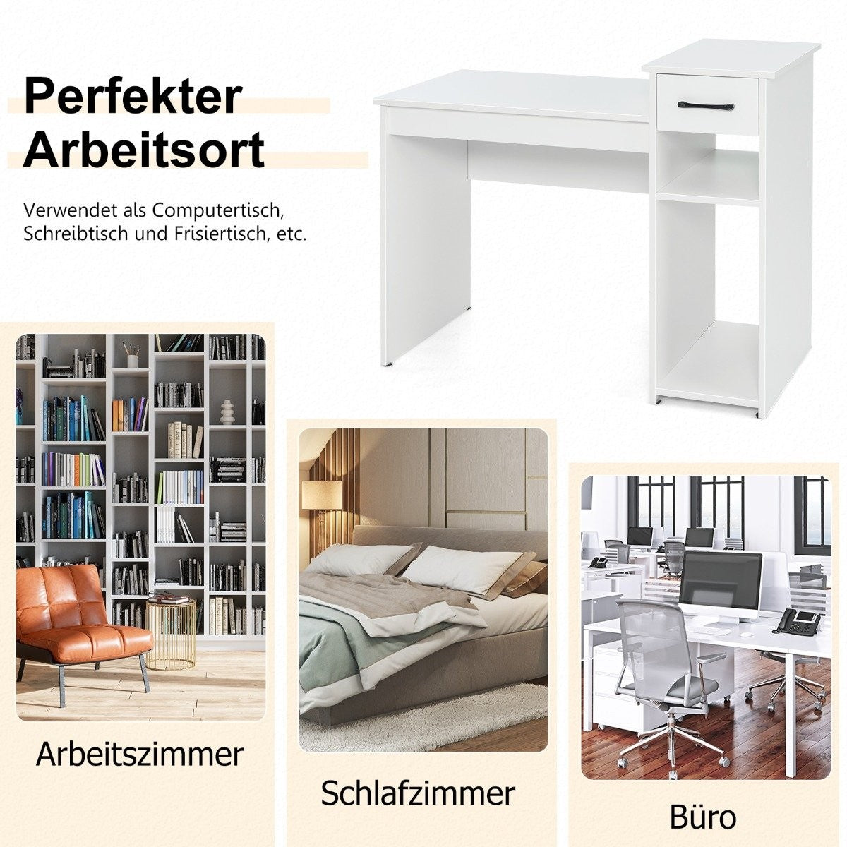 Desk with drawer & open shelves Wooden computer desk 102 x 50 x 82 cm White