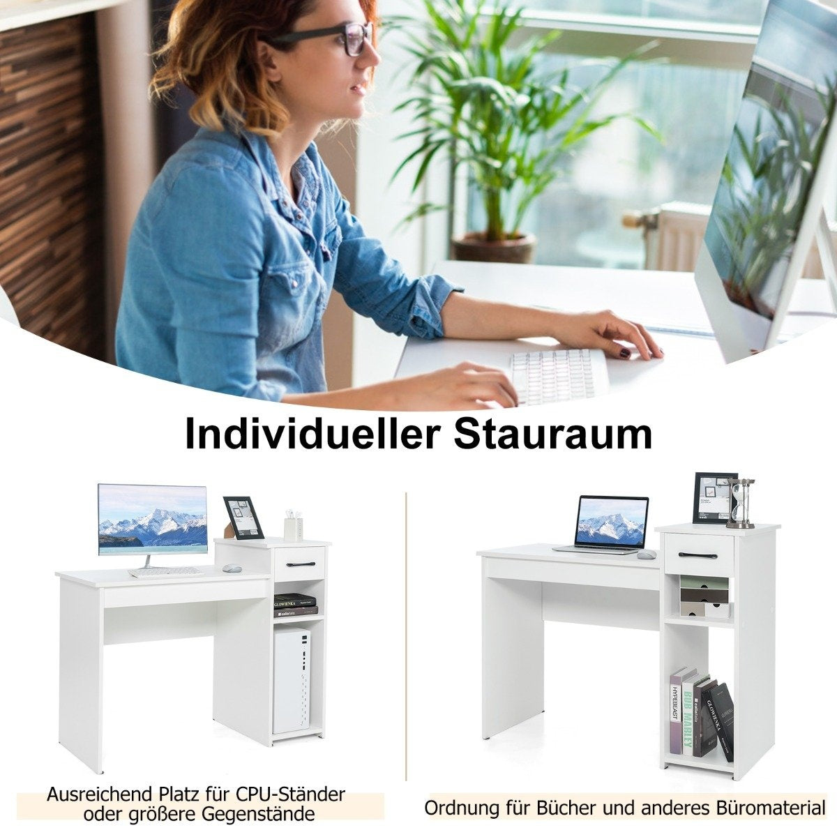 Desk with drawer & open shelves Wooden computer desk 102 x 50 x 82 cm White