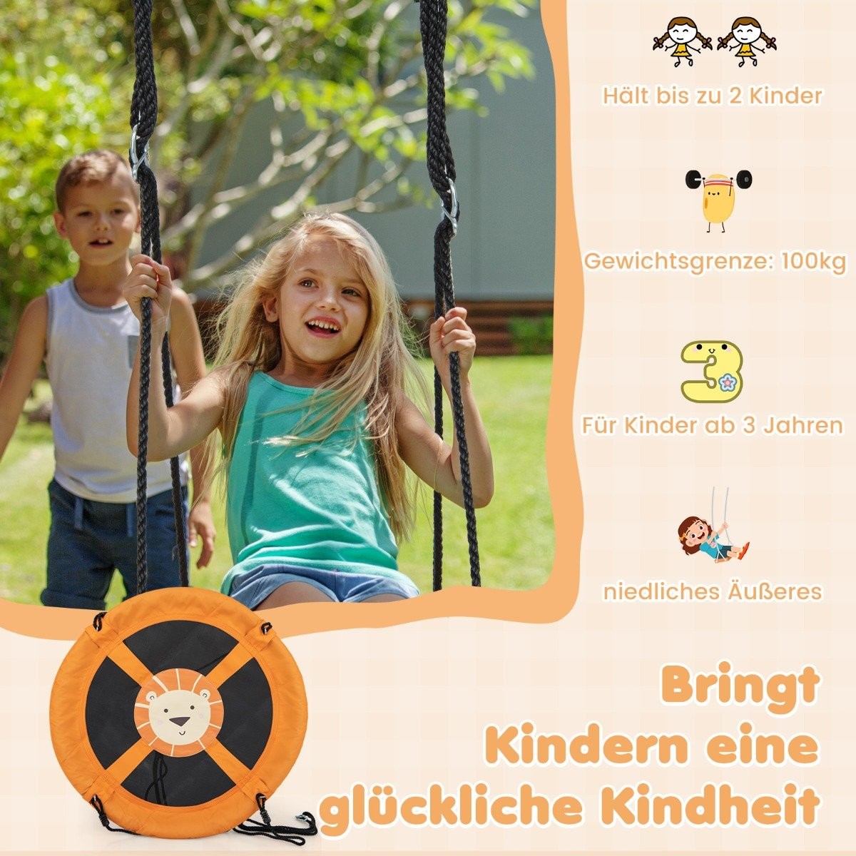 Diameter 100 cm nest swing with adjustable ropes, hanging swing, children's swing, round swing, yellow