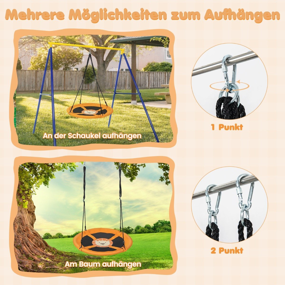 Diameter 100 cm nest swing with adjustable ropes, hanging swing, children's swing, round swing, yellow
