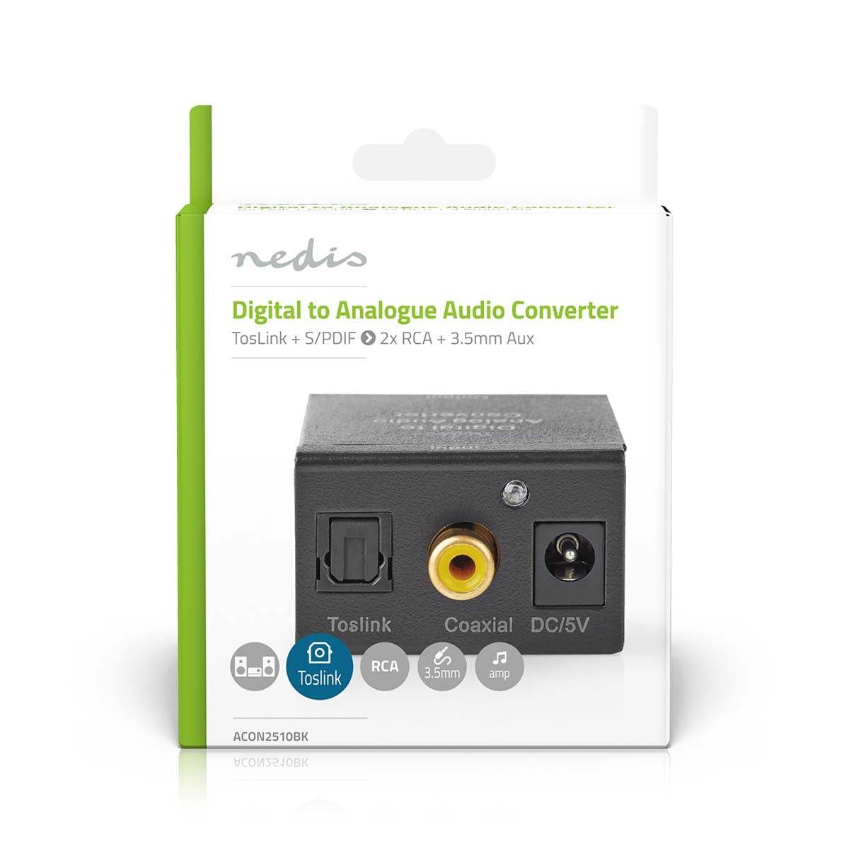 Digital Audio Converter | One way | Connection input: 1x Digital RCA / 1x TosLink | Connection output: 1x (2x RCA) / 1x 3.5 mm | Automatic | Integrated amplifier | Black